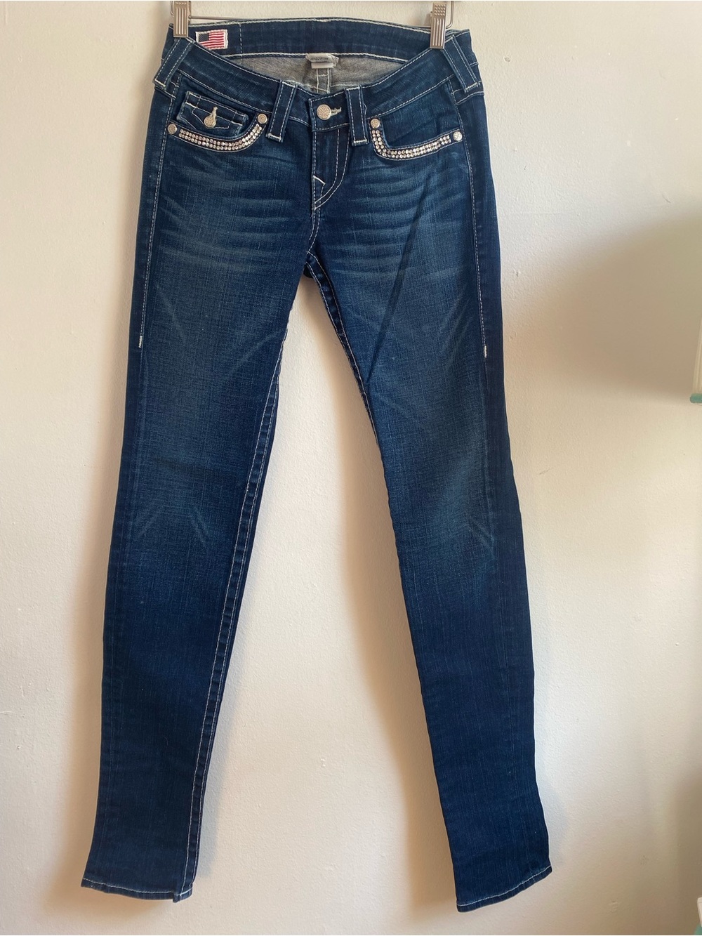 True Religion Dark Indigo Skinny Jeans with Rhinestone Trim